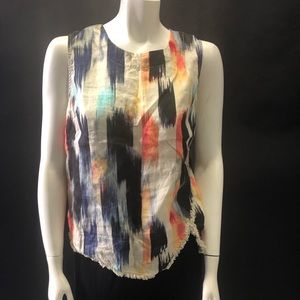 DKNY colorful 100% linen asymmetric fringe top M